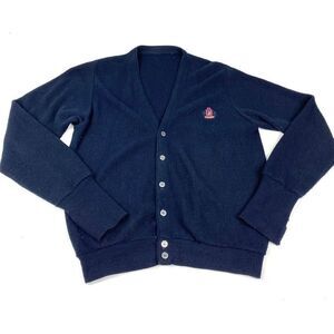 Vintage Izod Cardigan Sweater Mens Size Medium Navy Blue Grandpa Casual AB0034